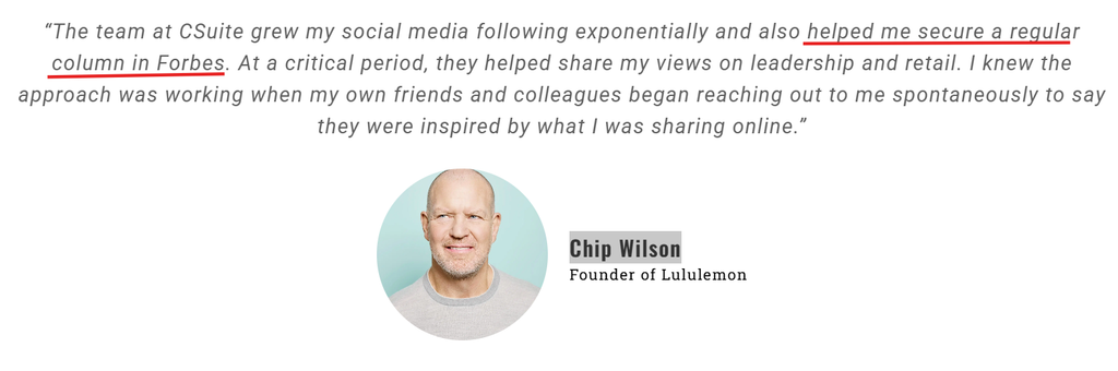 Lululemon founder Chip Wilson's testimonial crediting CSuite Content with securing his Forbes column