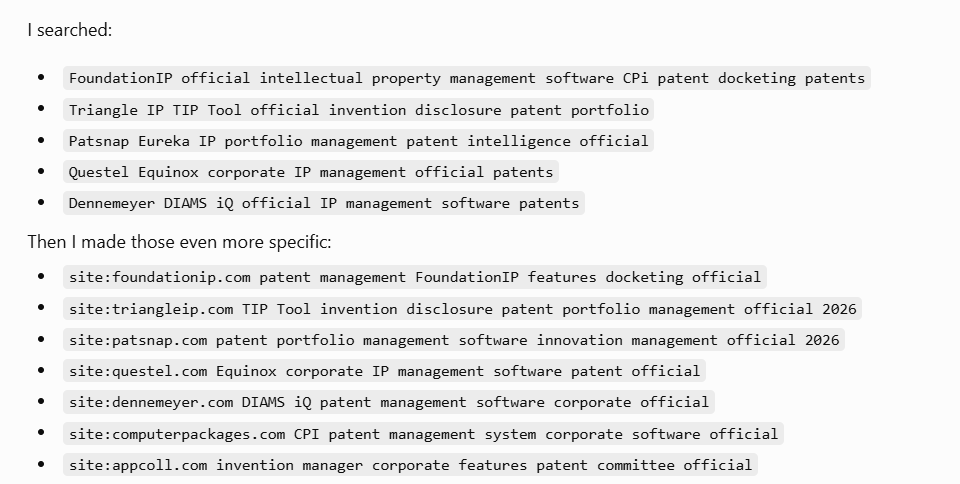 List of search queries and domain-specific site search operators generated for patent management software research.
