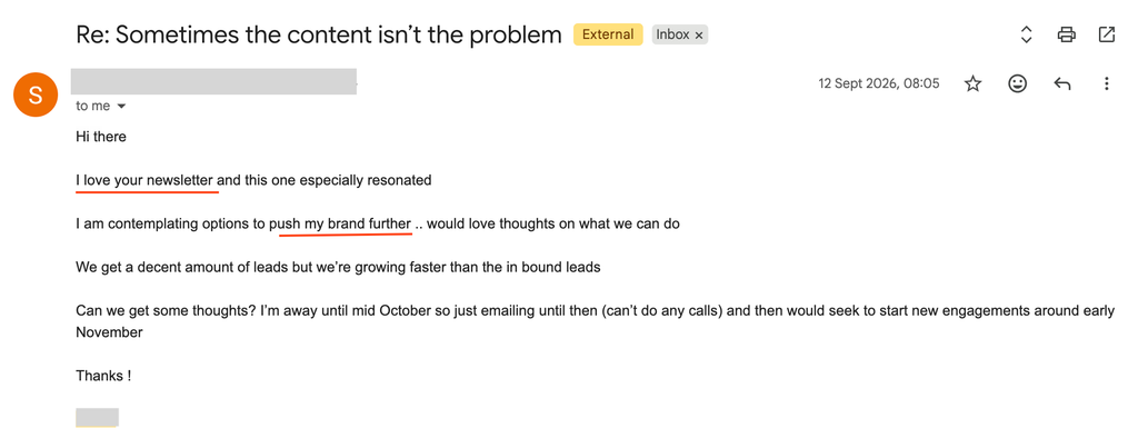 Email from a prospective client who loves Concurate's newsletter and asks for ideas to push their dental clinic's brand further