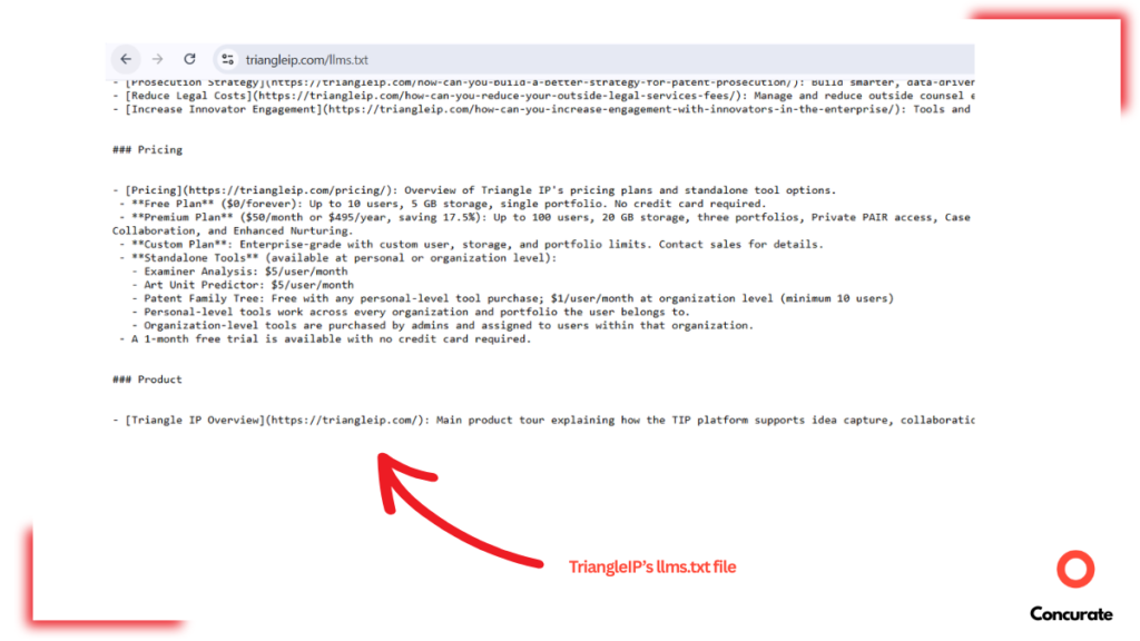 Pricing section in TriangleIP's llms.txt file