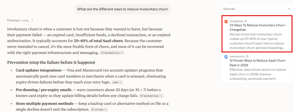 A snapshot of Chargebee being recommended as a source in Perplexity for what are the different ways to reduce involuntary churn