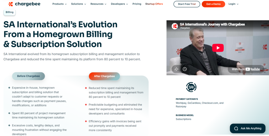 A snapshot of SA International case study in Chargebee's website