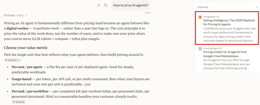 A snapshot of Chargebee being recommended as a source in Perplexity for how to price AI agents