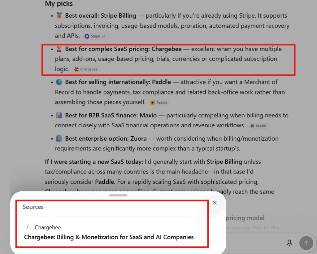 A snapshot of Chargebee being recommended as platform and as a source in ChatGPT for top SaaS billing software