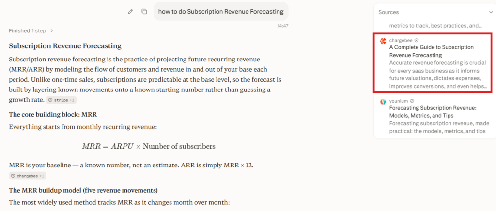 A snapshot of Chargebee being recommended as a source in Perplexity for how to do subscription revenue forecasting