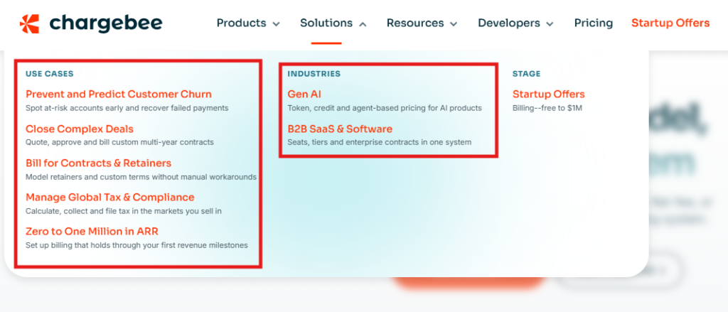 A snapshot of use cases and industries categories in Chargebee's website